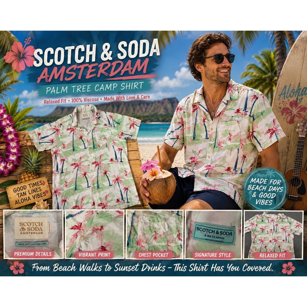 Scotch & Soda Amsterdam Palm Tree Camp Shirt XL 100% Viscose Tropical Hawaiian